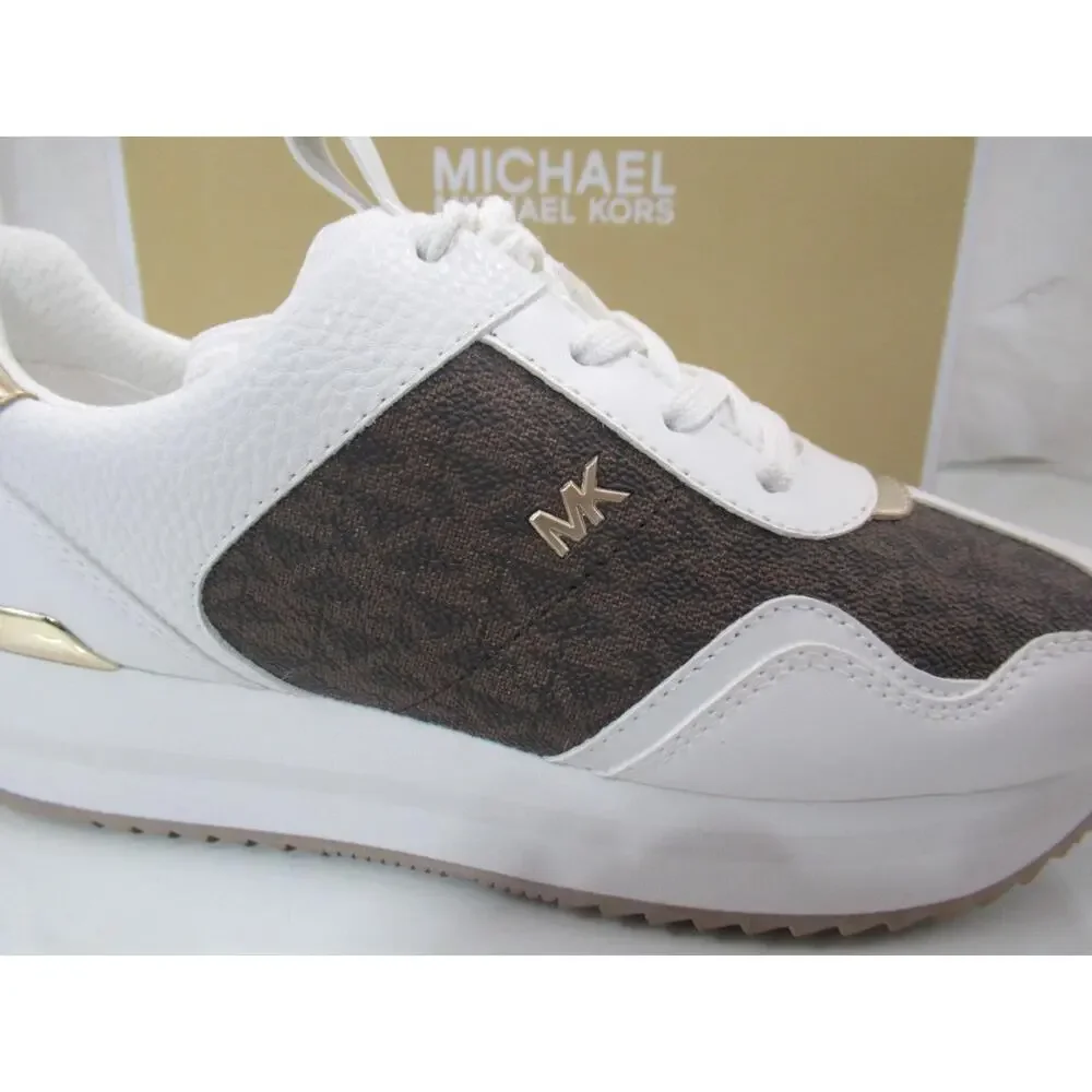 Michael Kors Raina Trainer Lace Up Sneakers MK Signature Brown White Size 7.5